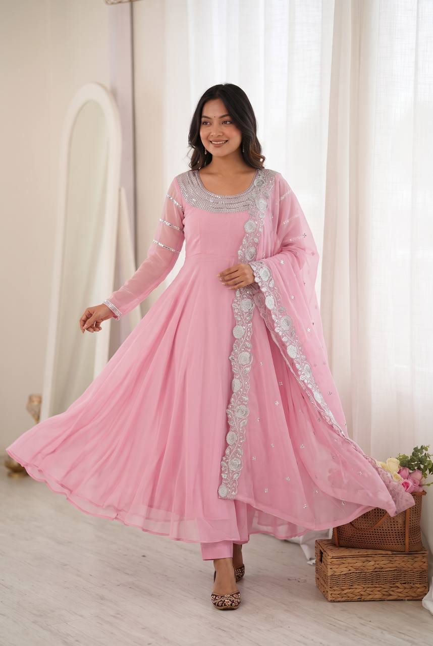 Light Pink Fox Georgette Designer Anarkali Gown Pant with Dupatta