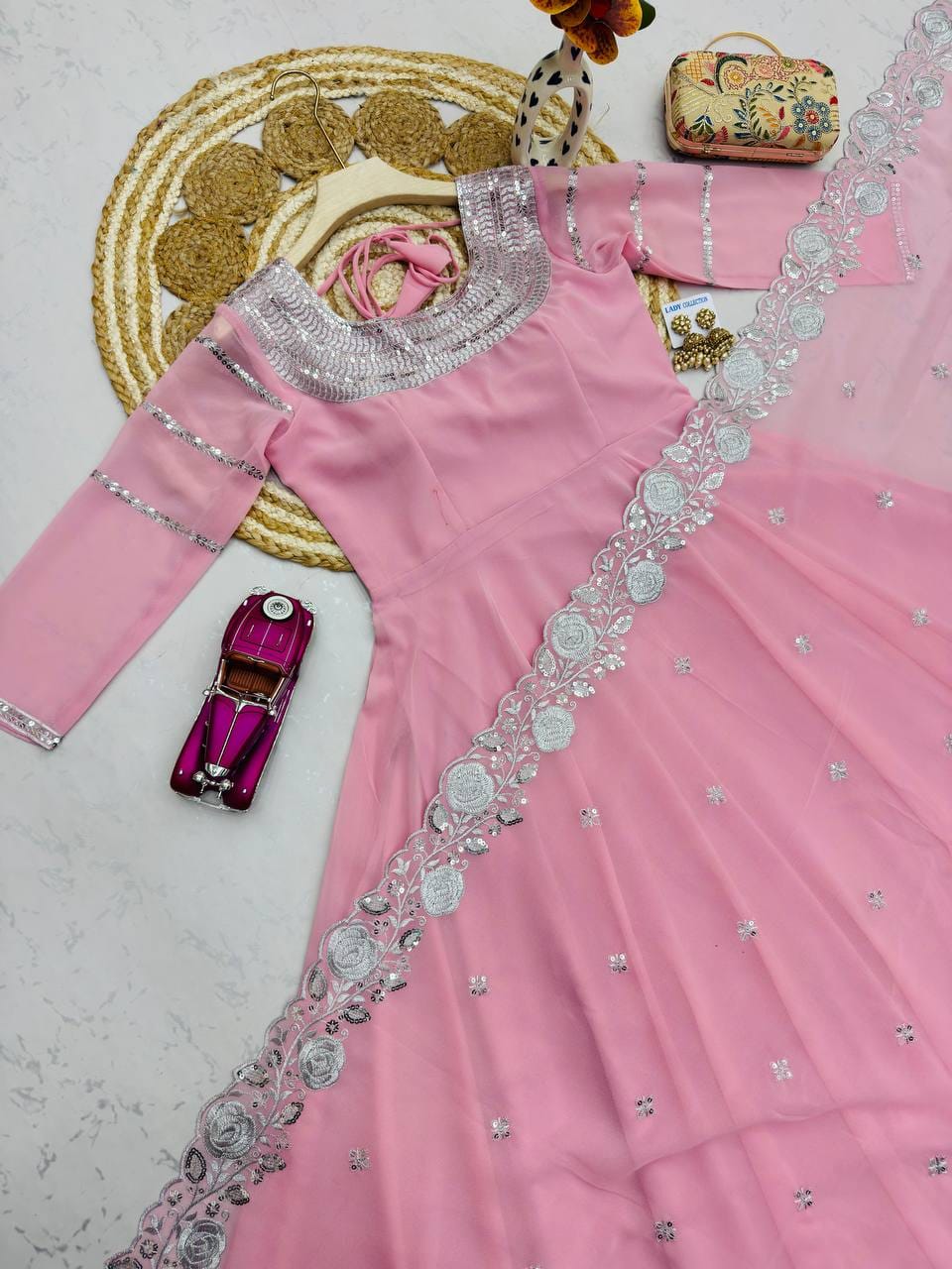 Light Pink Fox Georgette Designer Anarkali Gown Pant with Dupatta