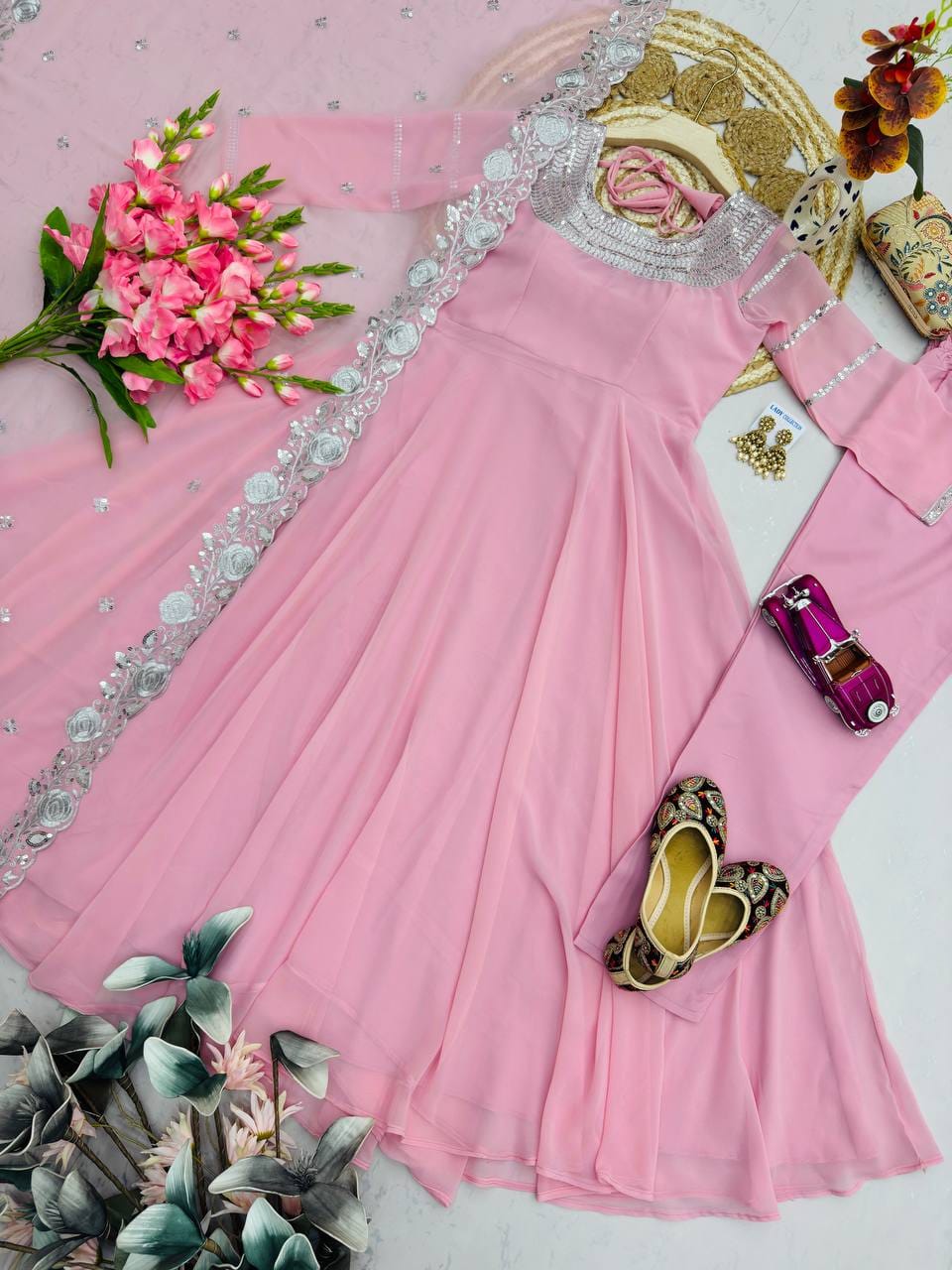 Light Pink Fox Georgette Designer Anarkali Gown Pant with Dupatta