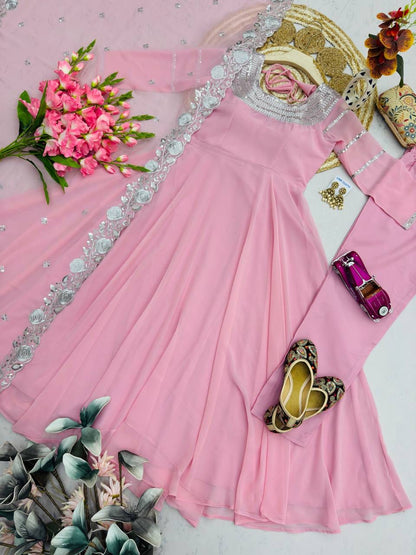 Light Pink Fox Georgette Designer Anarkali Gown Pant with Dupatta