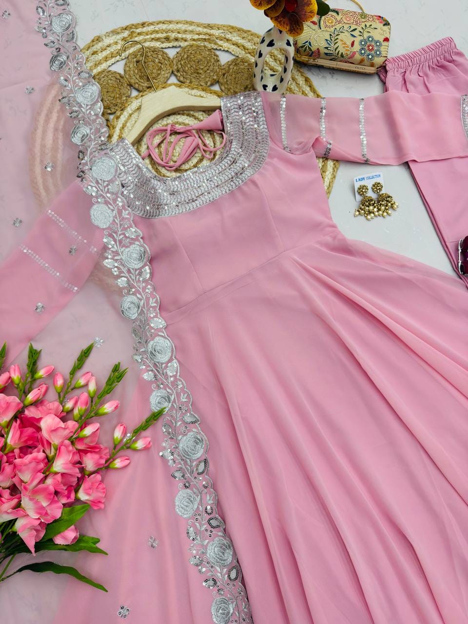 Light Pink Fox Georgette Designer Anarkali Gown Pant with Dupatta
