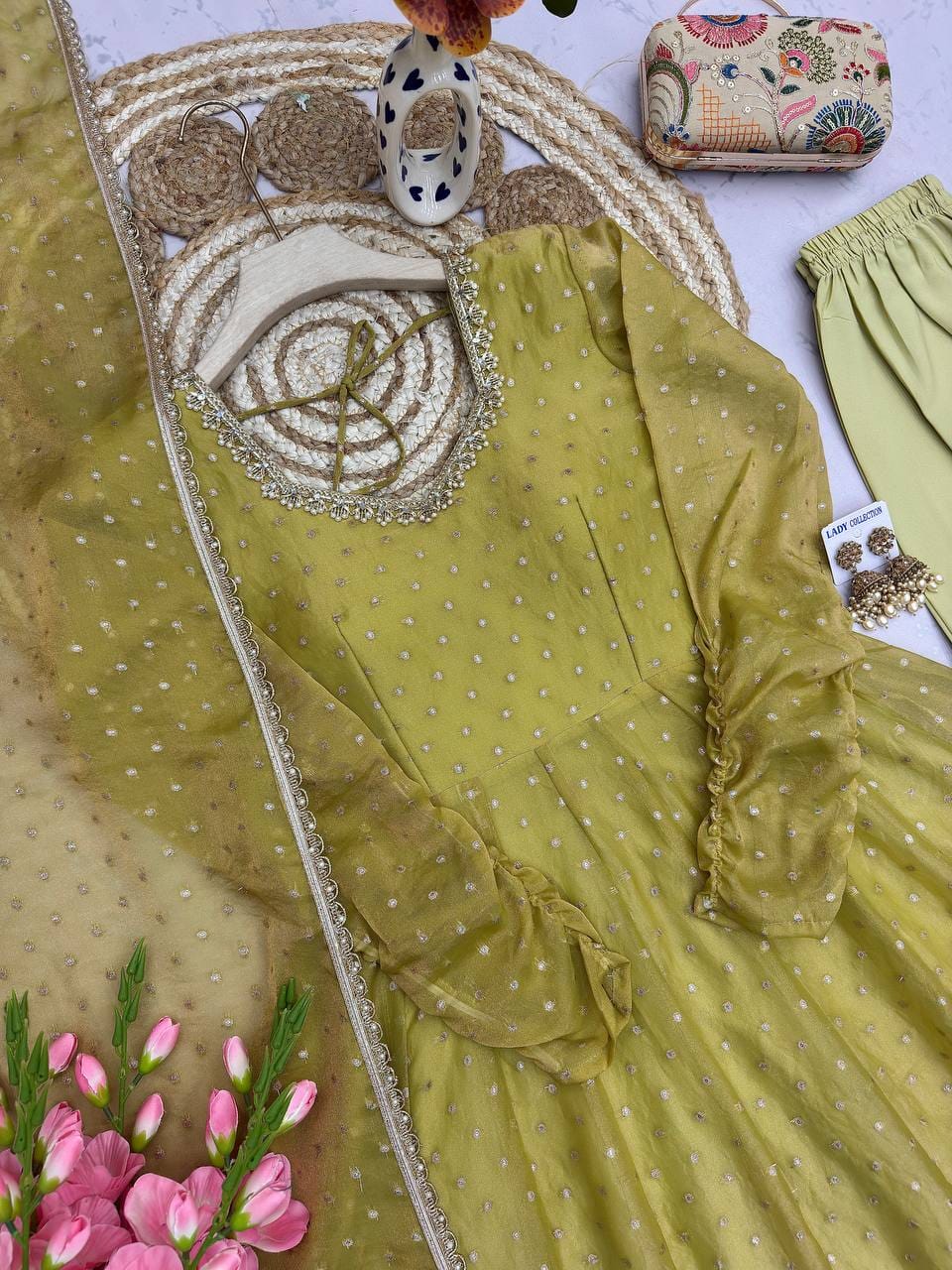Oliver Green Designer Anarkali Gown Pant with Dupatta