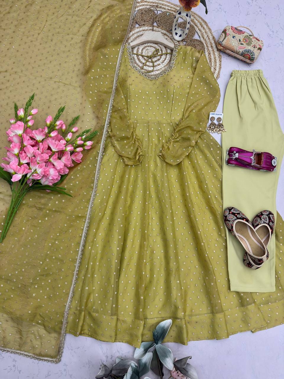 Oliver Green Designer Anarkali Gown Pant with Dupatta