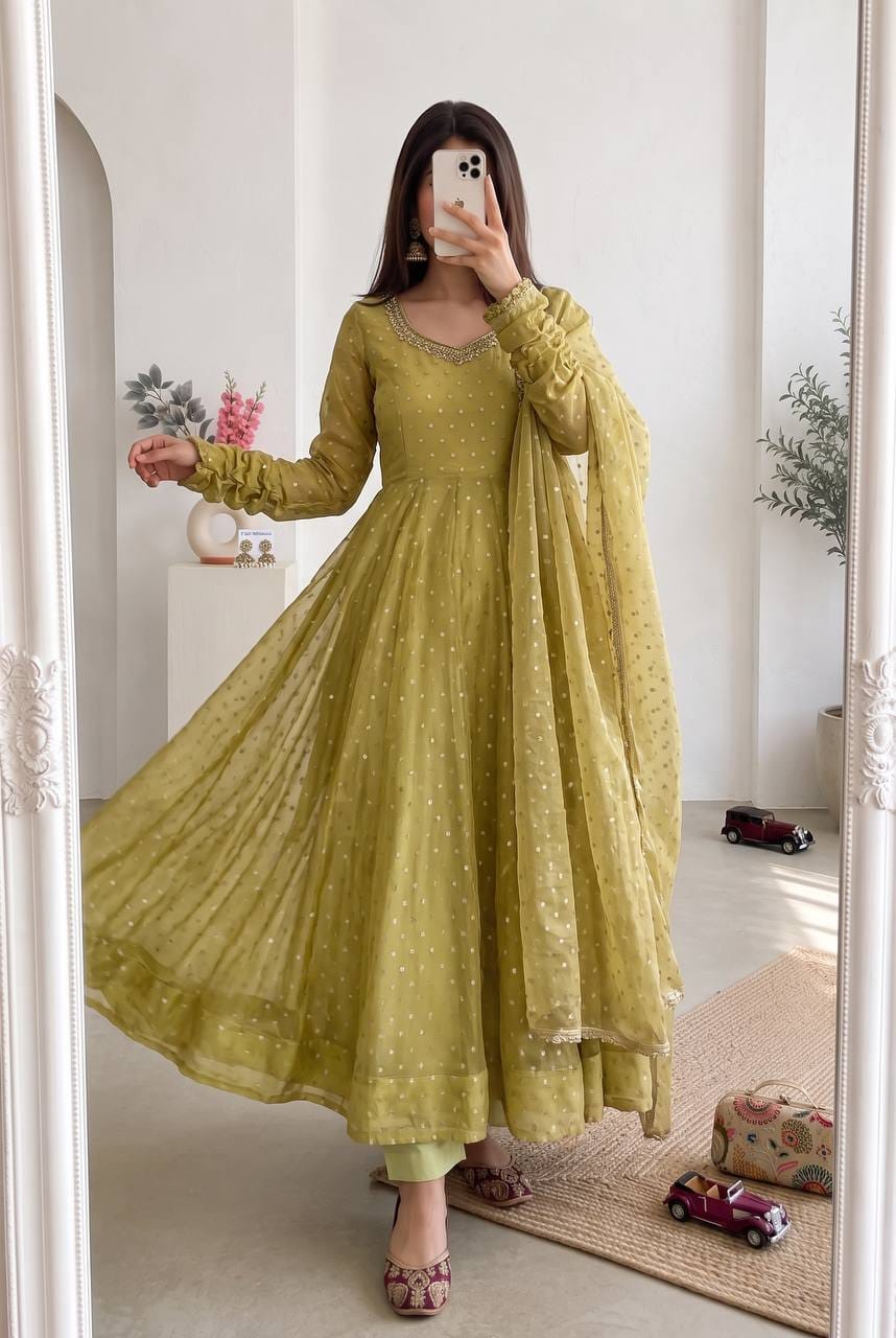 Oliver Green Designer Anarkali Gown Pant with Dupatta