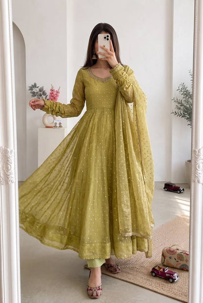 Oliver Green Designer Anarkali Gown Pant with Dupatta