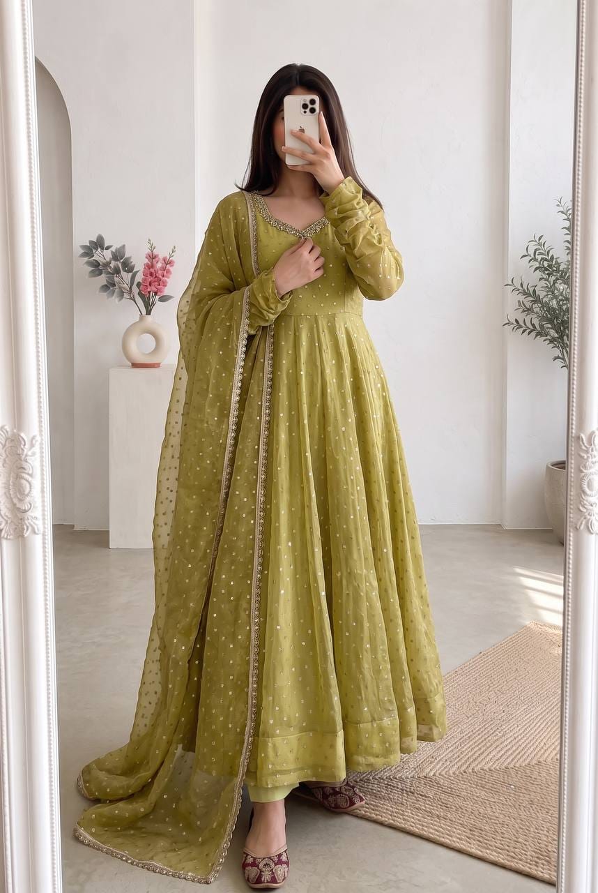 Oliver Green Designer Anarkali Gown Pant with Dupatta