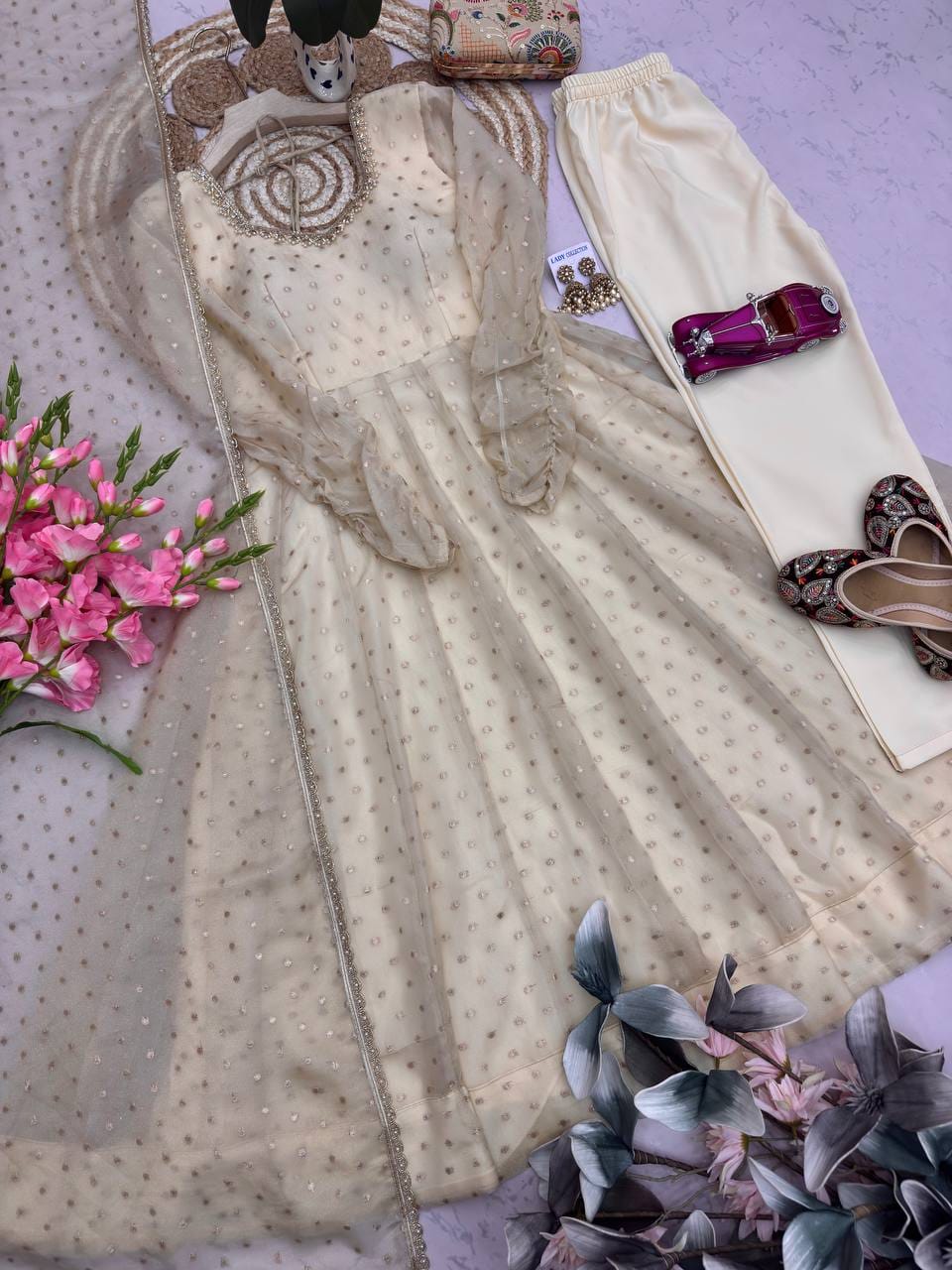Beige Colour Designer Anarkali Gown Pant with Dupatta