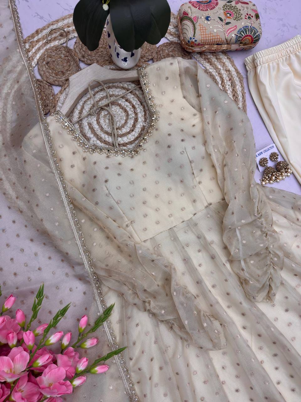Beige Colour Designer Anarkali Gown Pant with Dupatta