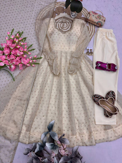 Beige Colour Designer Anarkali Gown Pant with Dupatta