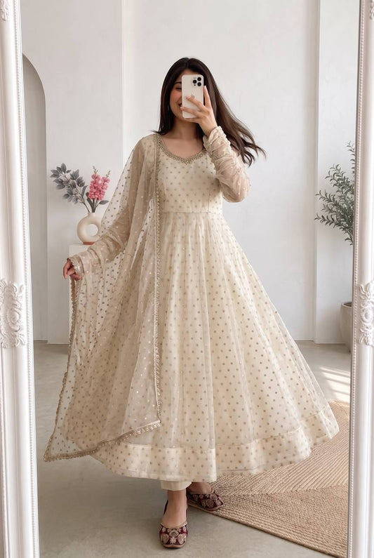Beige Colour Designer Anarkali Gown Pant with Dupatta