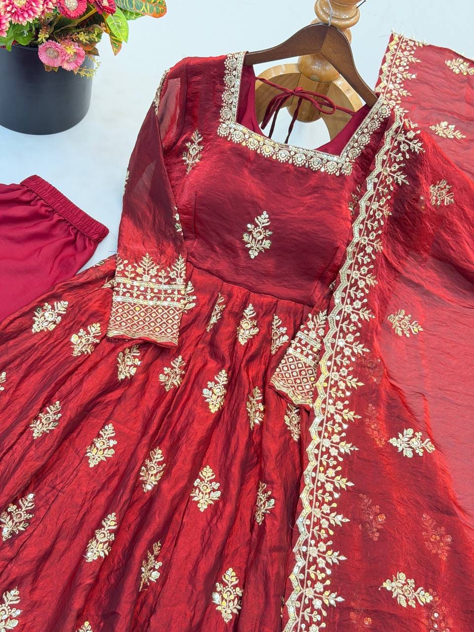 Maroon color Fendy Silk Designer Party Wear Anarkali Gown Pant with Dupatta