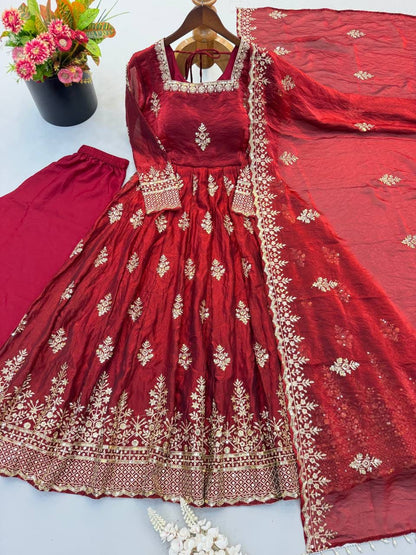 Maroon color Fendy Silk Designer Party Wear Anarkali Gown Pant with Dupatta