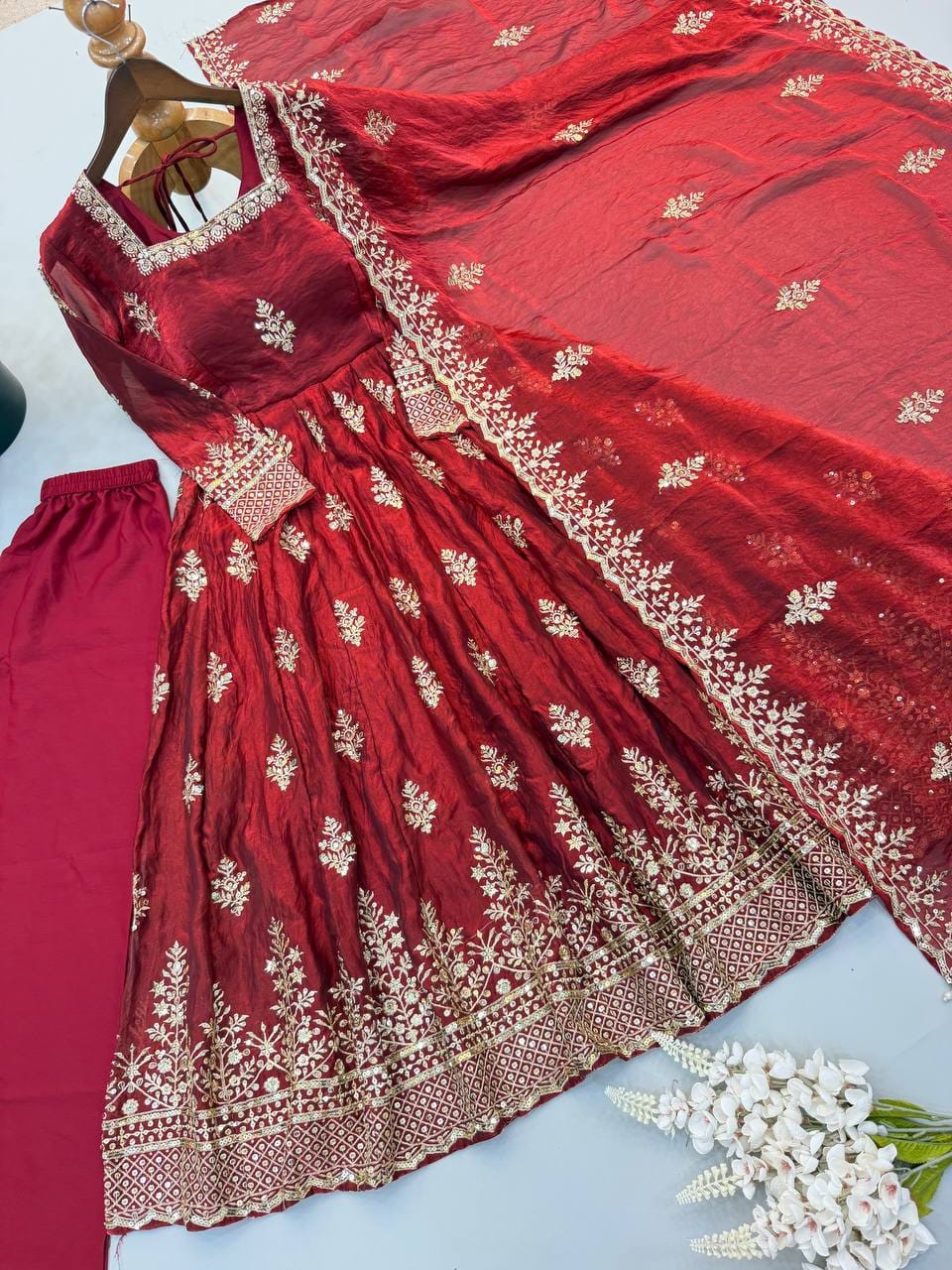 Maroon color Fendy Silk Designer Party Wear Anarkali Gown Pant with Dupatta