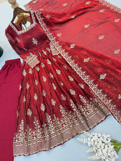 Maroon color Fendy Silk Designer Party Wear Anarkali Gown Pant with Dupatta