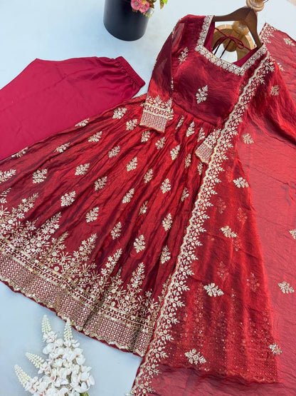 Maroon color Fendy Silk Designer Party Wear Anarkali Gown Pant with Dupatta