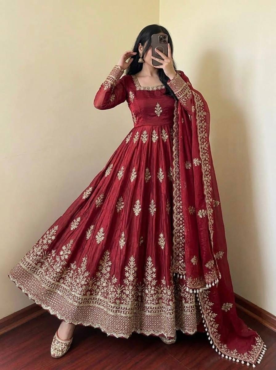Maroon color Fendy Silk Designer Party Wear Anarkali Gown Pant with Dupatta
