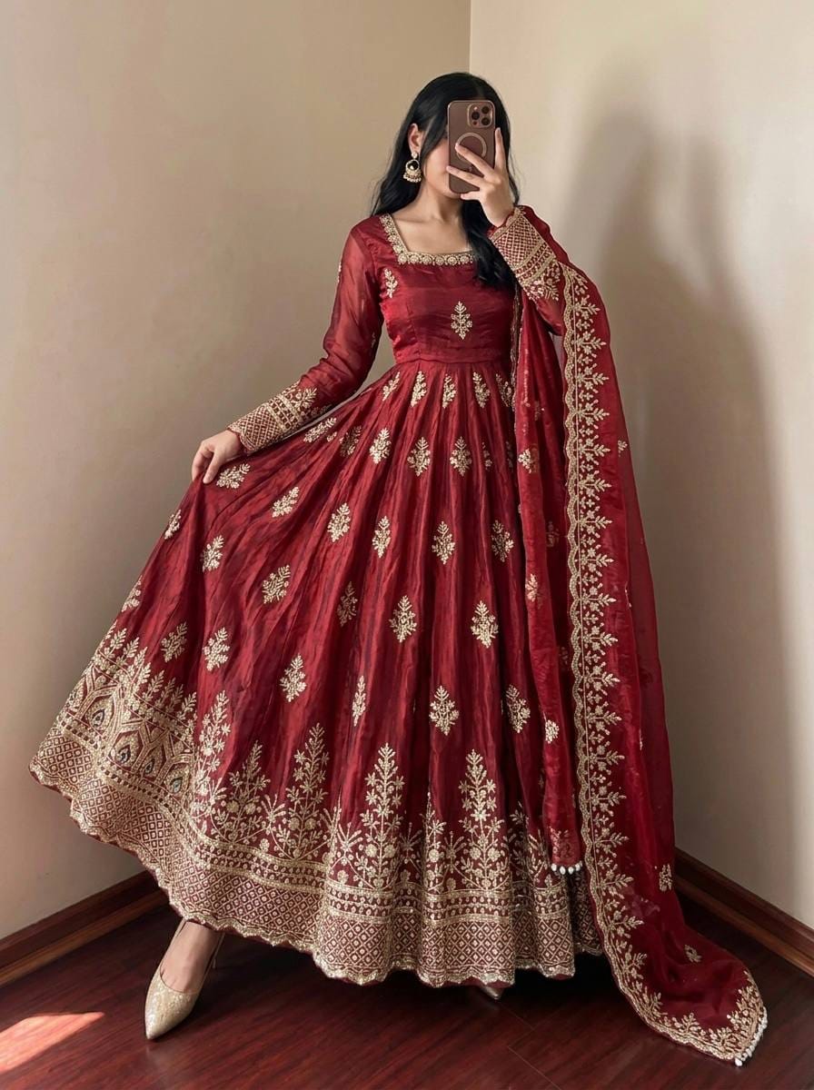 Maroon color Fendy Silk Designer Party Wear Anarkali Gown Pant with Dupatta