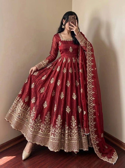 Maroon color Fendy Silk Designer Party Wear Anarkali Gown Pant with Dupatta