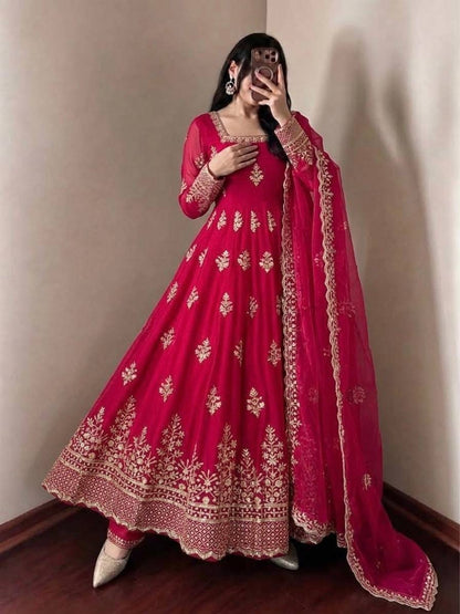 Rani Pink color Fendy Silk Designer Party Wear Anarkali Gown Pant with Dupatta