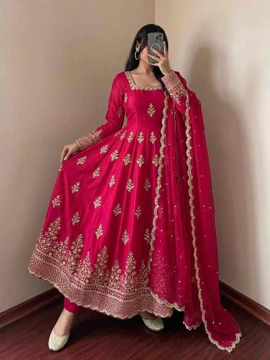 Rani Pink color Fendy Silk Designer Party Wear Anarkali Gown Pant with Dupatta