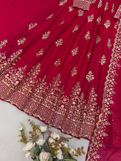 Rani Pink color Fendy Silk Designer Party Wear Anarkali Gown Pant with Dupatta