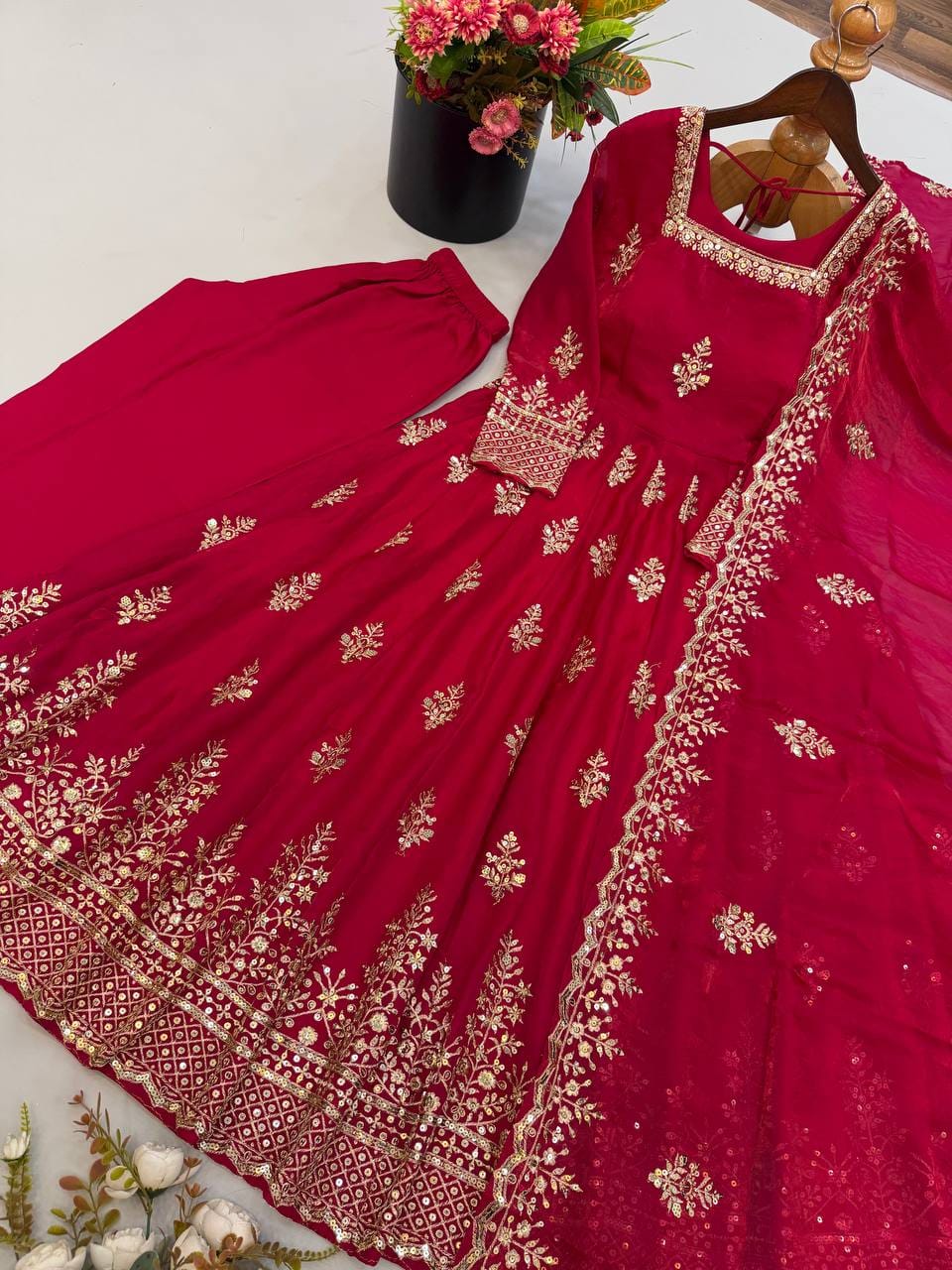 Rani Pink color Fendy Silk Designer Party Wear Anarkali Gown Pant with Dupatta