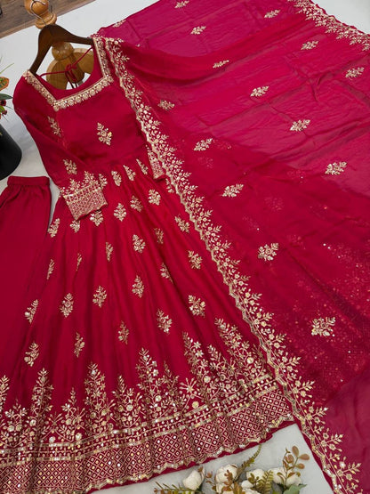 Rani Pink color Fendy Silk Designer Party Wear Anarkali Gown Pant with Dupatta