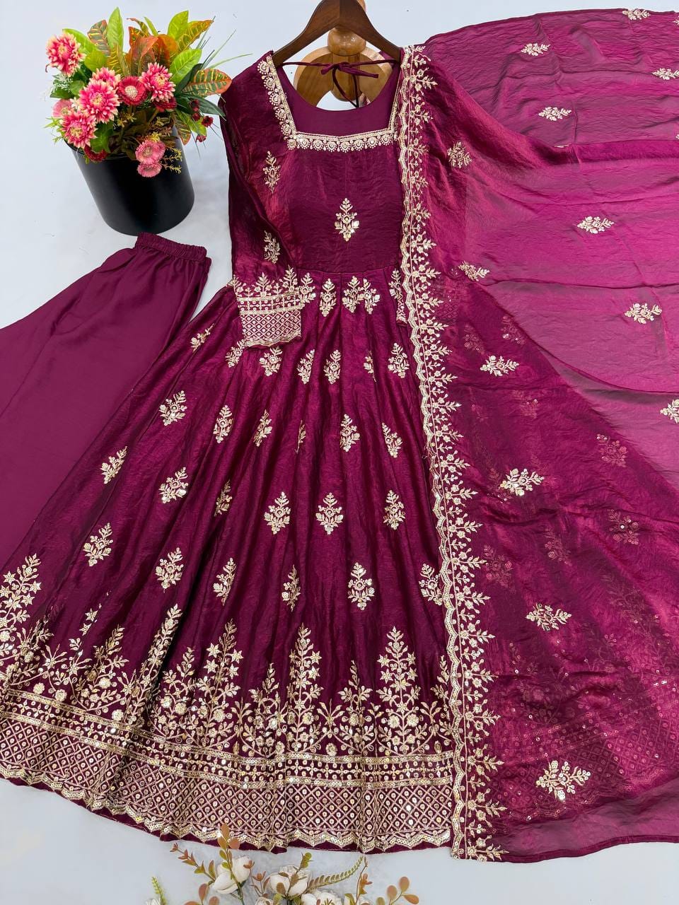 Wine color Fendy Silk Designer Party Wear Anarkali Gown Pant with Dupatta