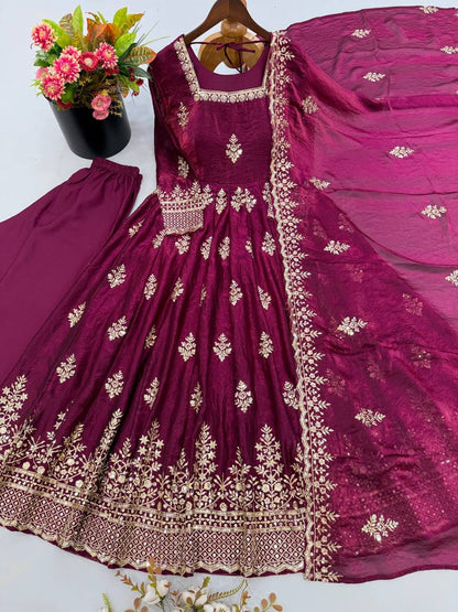Wine color Fendy Silk Designer Party Wear Anarkali Gown Pant with Dupatta