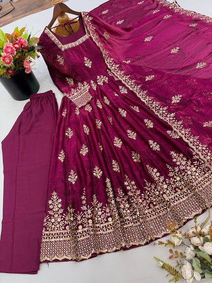 Wine color Fendy Silk Designer Party Wear Anarkali Gown Pant with Dupatta