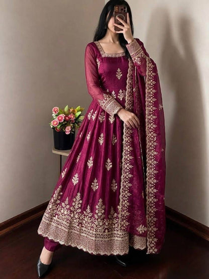 Wine color Fendy Silk Designer Party Wear Anarkali Gown Pant with Dupatta