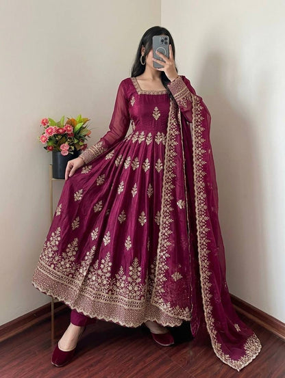 Wine color Fendy Silk Designer Party Wear Anarkali Gown Pant with Dupatta