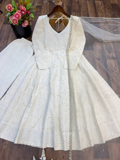 White Color Chikankari  work Anarkali gown set