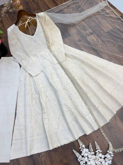 White Color Chikankari  work Anarkali gown set