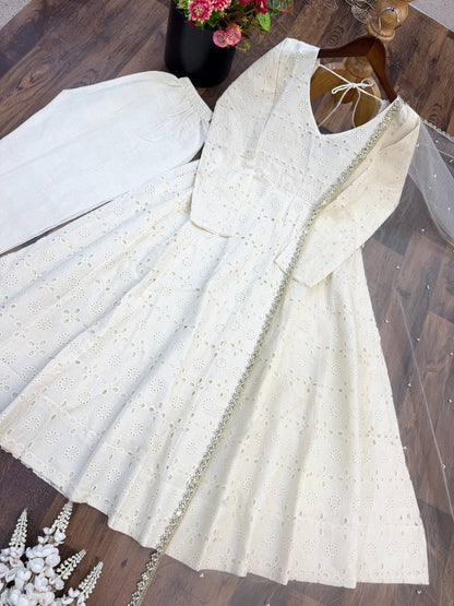 White Color Chikankari  work Anarkali gown set