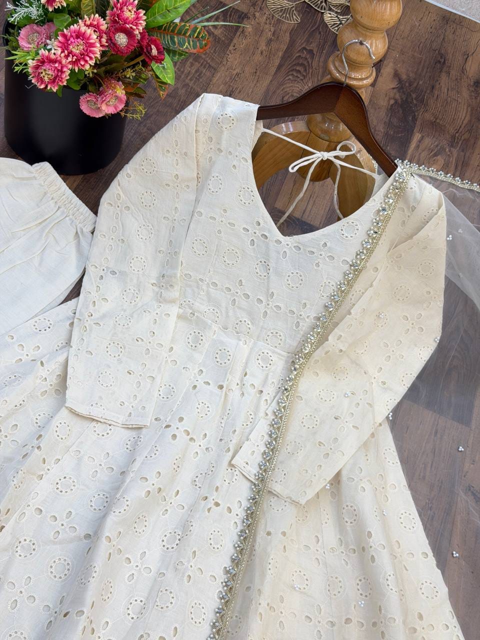 White Color Chikankari  work Anarkali gown set