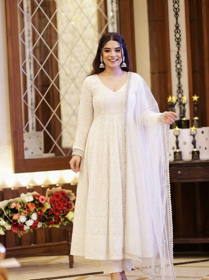 White Color Chikankari  work Anarkali gown set
