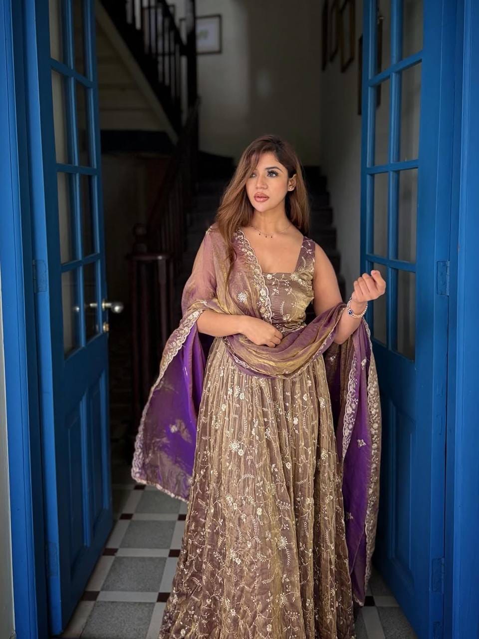 Purple color Fendy Silk Designer Anarkali Gown Pant with Dupatta