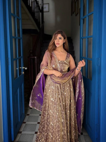 Purple color Fendy Silk Designer Anarkali Gown Pant with Dupatta