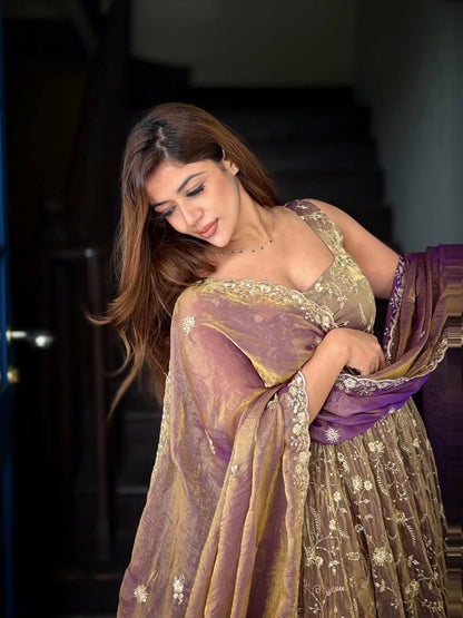 Purple color Fendy Silk Designer Anarkali Gown Pant with Dupatta