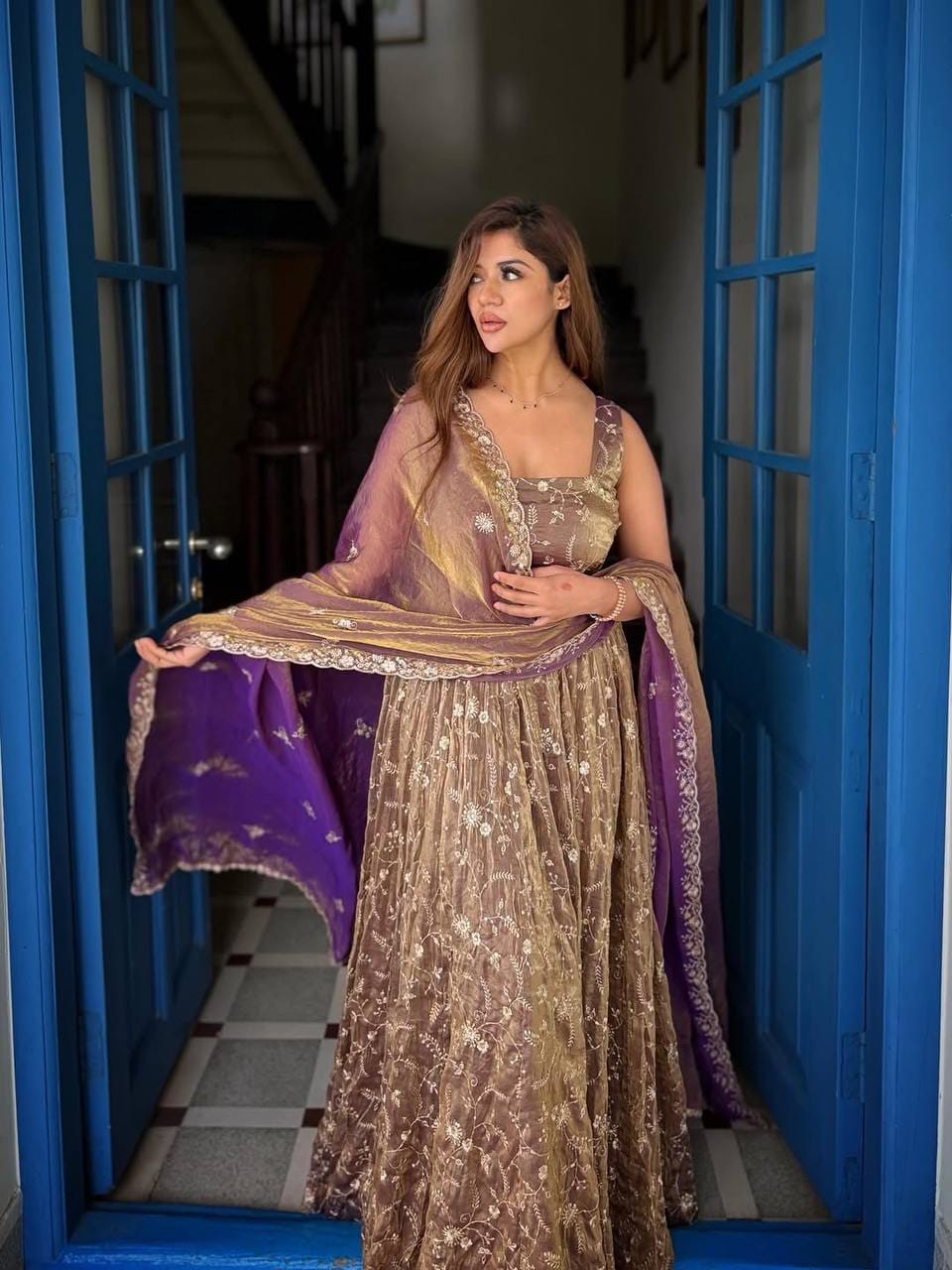 Purple color Fendy Silk Designer Anarkali Gown Pant with Dupatta