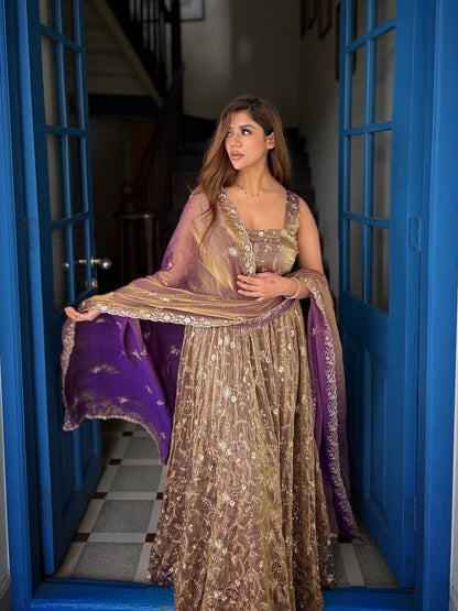 Purple color Fendy Silk Designer Anarkali Gown Pant with Dupatta