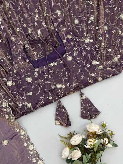 Purple color Fendy Silk Designer Anarkali Gown Pant with Dupatta