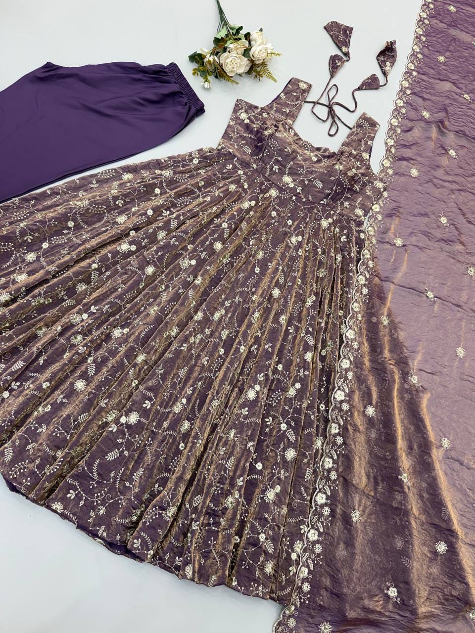 Purple color Fendy Silk Designer Anarkali Gown Pant with Dupatta