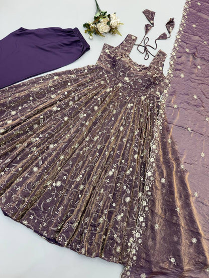 Purple color Fendy Silk Designer Anarkali Gown Pant with Dupatta