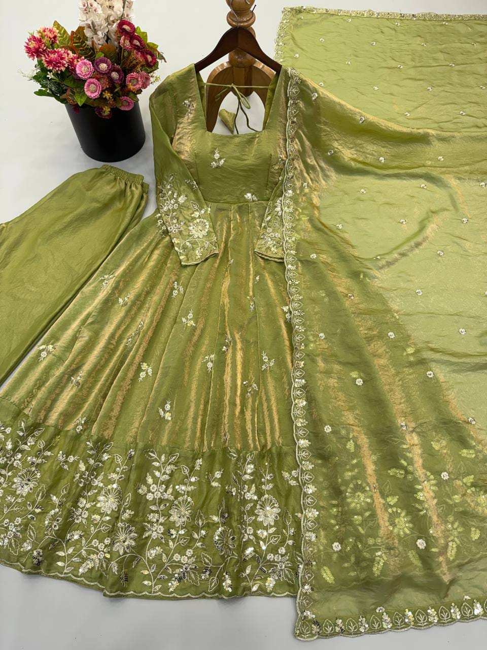 Pista Green color Fendy Silk Designer Anarkali Gown Pant with Dupatta