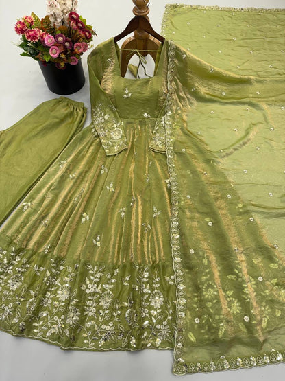 Pista Green color Fendy Silk Designer Anarkali Gown Pant with Dupatta