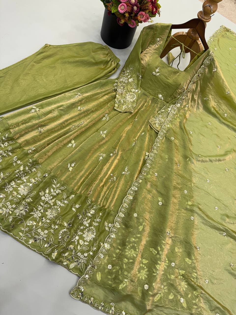Pista Green color Fendy Silk Designer Anarkali Gown Pant with Dupatta