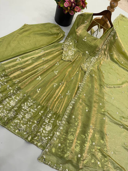 Pista Green color Fendy Silk Designer Anarkali Gown Pant with Dupatta