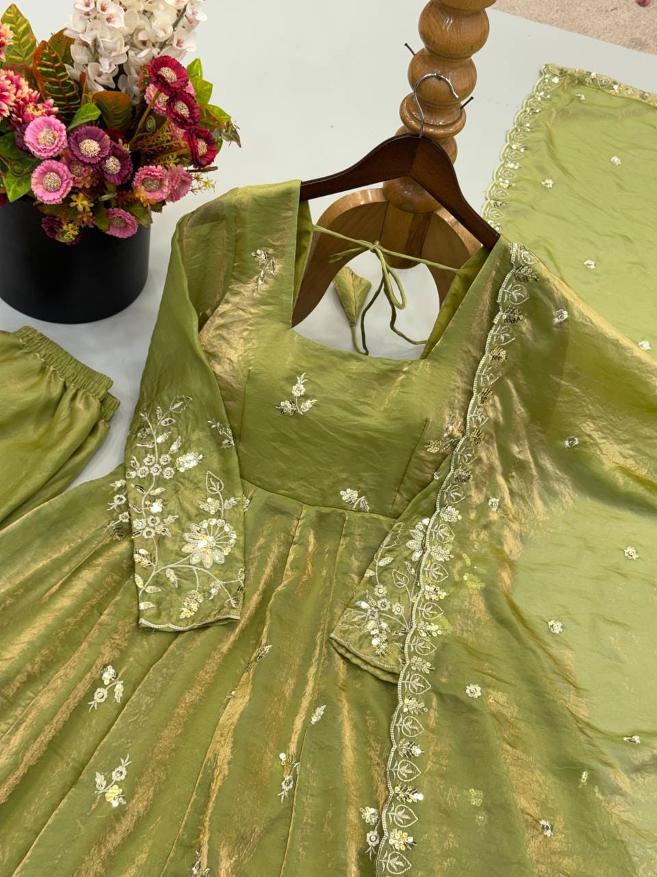 Pista Green color Fendy Silk Designer Anarkali Gown Pant with Dupatta